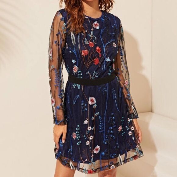 CBR Navy Floral Embroidered Sheer Dress Size Small - Picture 1 of 5